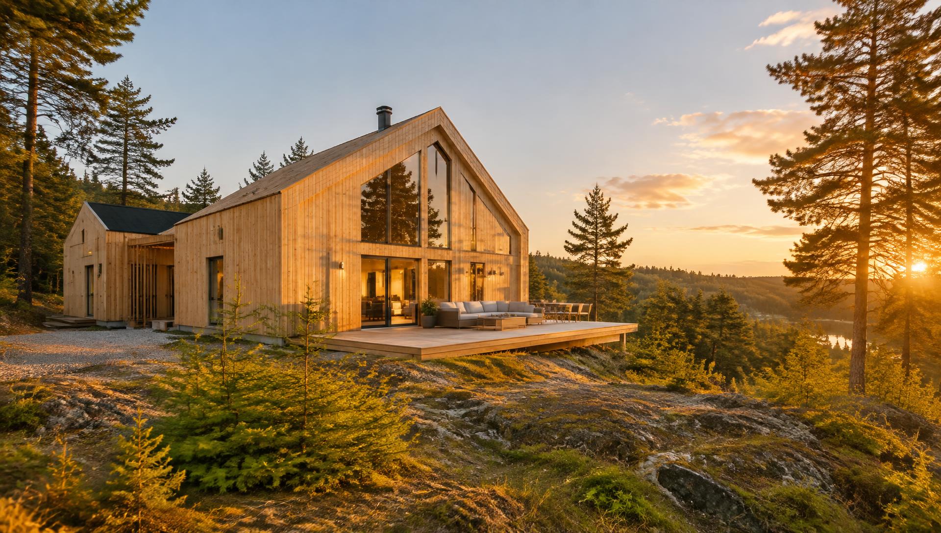 Lyst, moderne trehus i kveldssol
